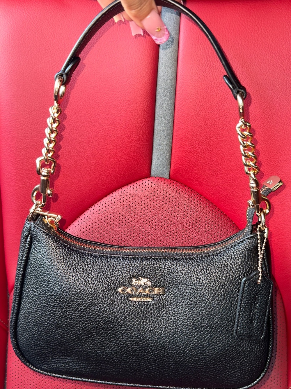 Coach Black Pebbled Leather Shoulder Bag with Gold Chain Accents
